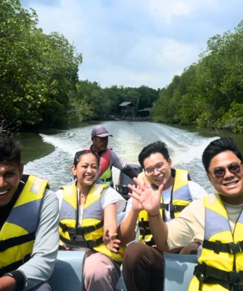 Exploring the lush green Bintan mangrove ecosystem on a traditional boat.